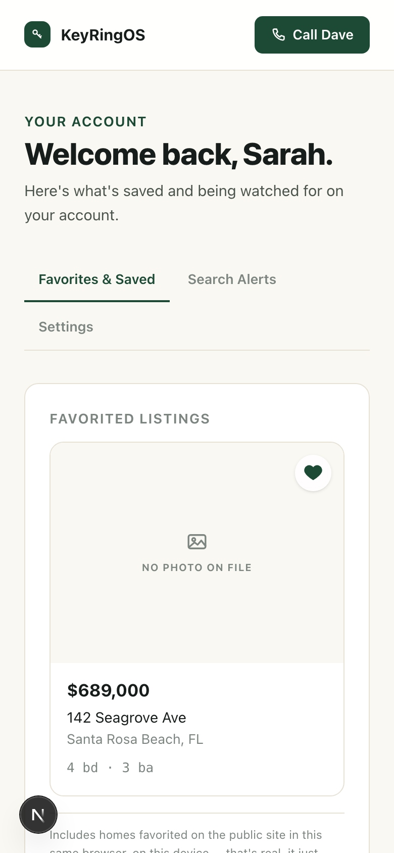 A client's portal showing their favorited listings