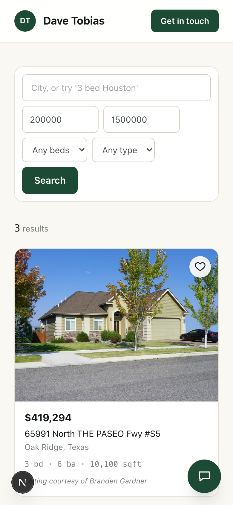 Searching listings on an agent's mobile site